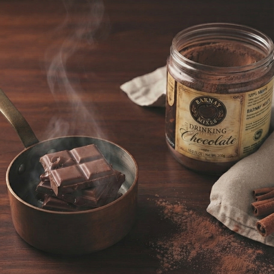A glass jar of Barnaby Mixes Drinking Chocolat powder sits on a dark wooden table next to a small copper bowl containing steaming chocolate bars and scattered cocoa powder.