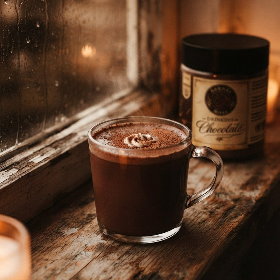 A clear glass mug filled with a dark hot chocolate drink sits on a rustic wooden windowsill, with a jar of chocolate-flavored product behind it and warm candlelight in the background.
